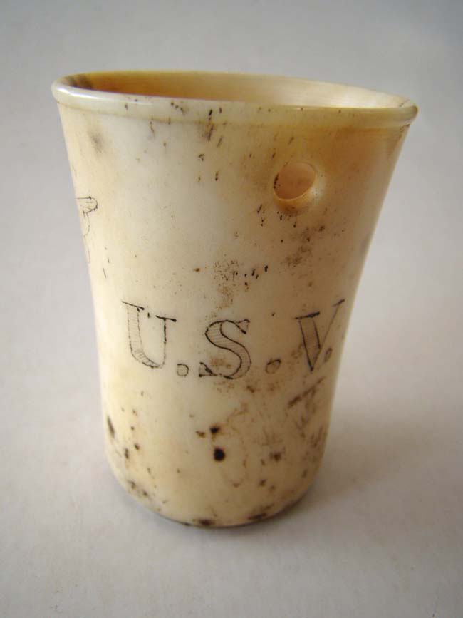 A charming 19th century scrimshawed bone cup with American eagle and the letters "U S V" — image 2